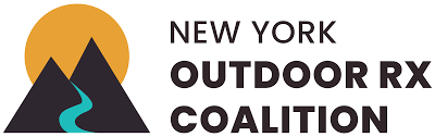 The logo for the new york outdoor rx coalition shows a mountain and a river.