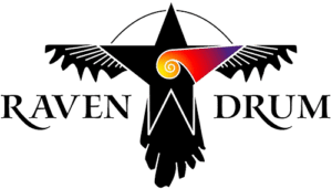 A logo for raven drum with a bird and a star