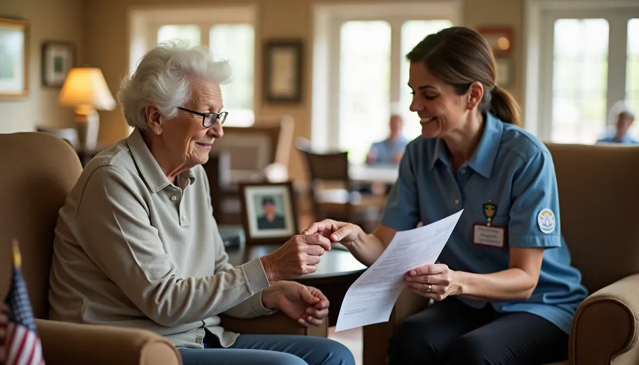 Nurse reviewing paperwork with an elderly man in a bright home setting