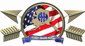 A logo for alaska 's healing hearts with an american flag and arrows