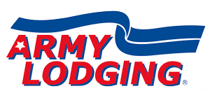 A blue and red logo for army lodging