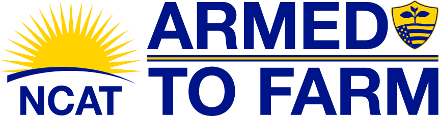 A logo for armed ncat to farm with a sun in the background