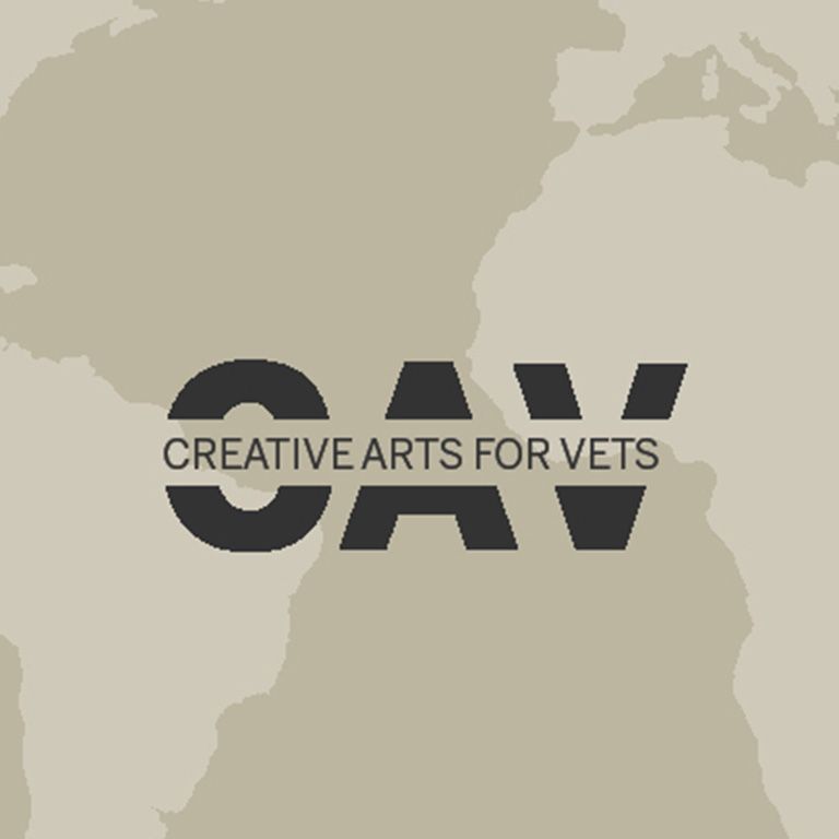 A logo for creative arts for vets with a map in the background