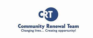 The logo for the community renewal team is blue and white.