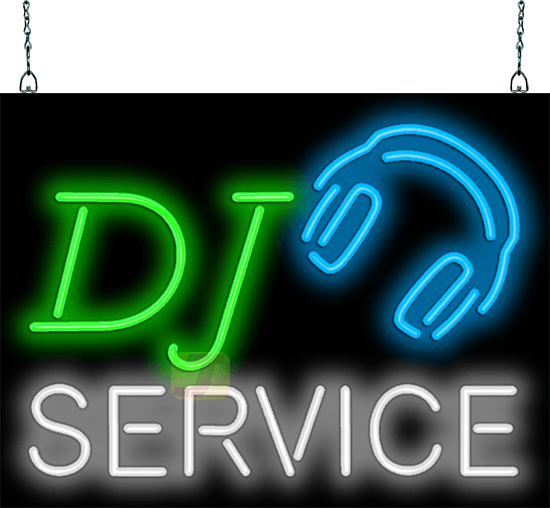 A neon sign that says dj service with headphones on it