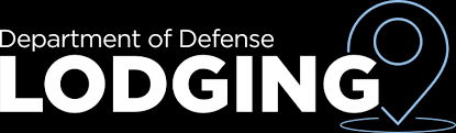 The logo for the department of defense lodging is white on a black background.