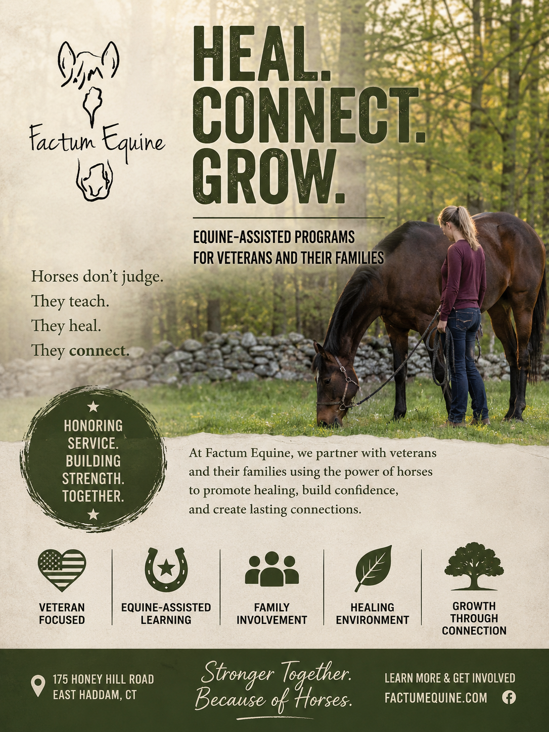 Horse and rider in a grassy field with text: “Heal. Connect. Grow.”