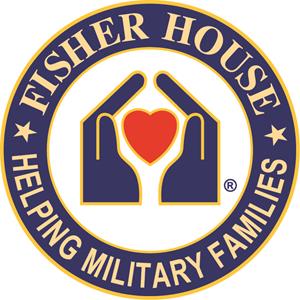 The logo for fisher house helping military families has two hands holding a heart in a circle.