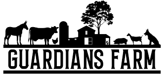 A black and white logo for guardians farm with silhouettes of animals and a barn.