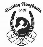 A black and white logo for the healing hoofbeats of ct.