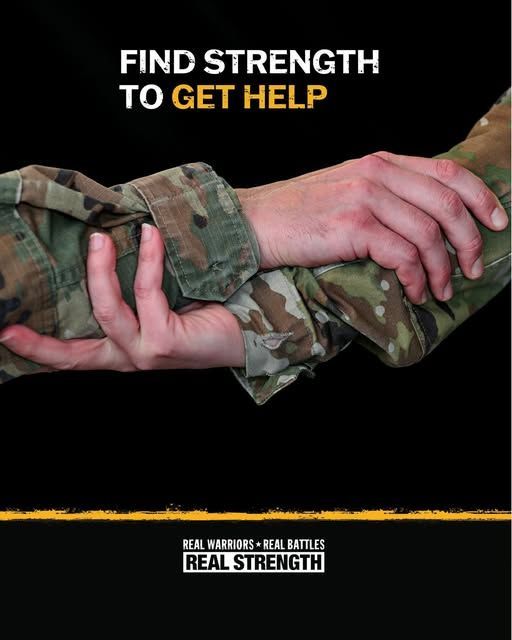 Hand gripping a camouflaged arm, with text: “Find strength to get help” and “Real Strength.”
