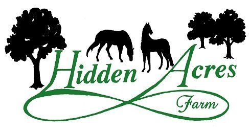 A logo for hidden acres farm with horses and trees