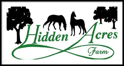 A logo for hidden acres farm with horses and trees