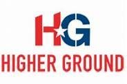 A red , white and blue logo for higher ground.