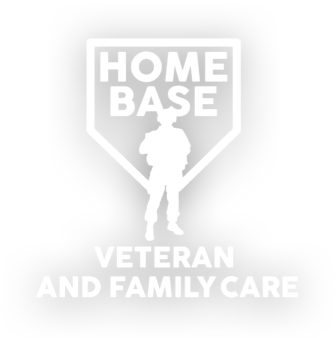 The logo for home base veteran and family care shows a soldier standing in front of a home plate.