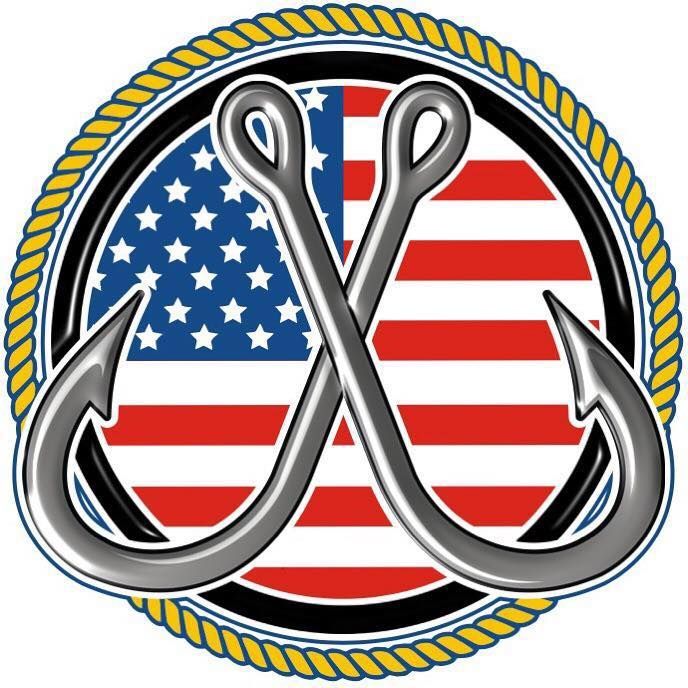 Two fishing hooks in front of an american flag