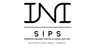 A black and white logo for int sips premium organic coffee and loose leaf tea