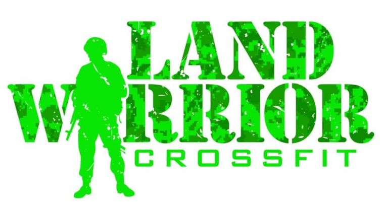 A logo for land warrior crossfit with a soldier in green