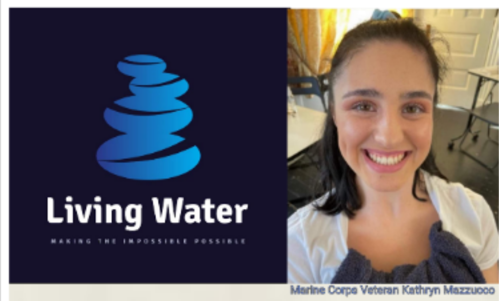 A woman is smiling in front of a living water logo