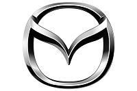 A black and silver mazda logo on a white background.
