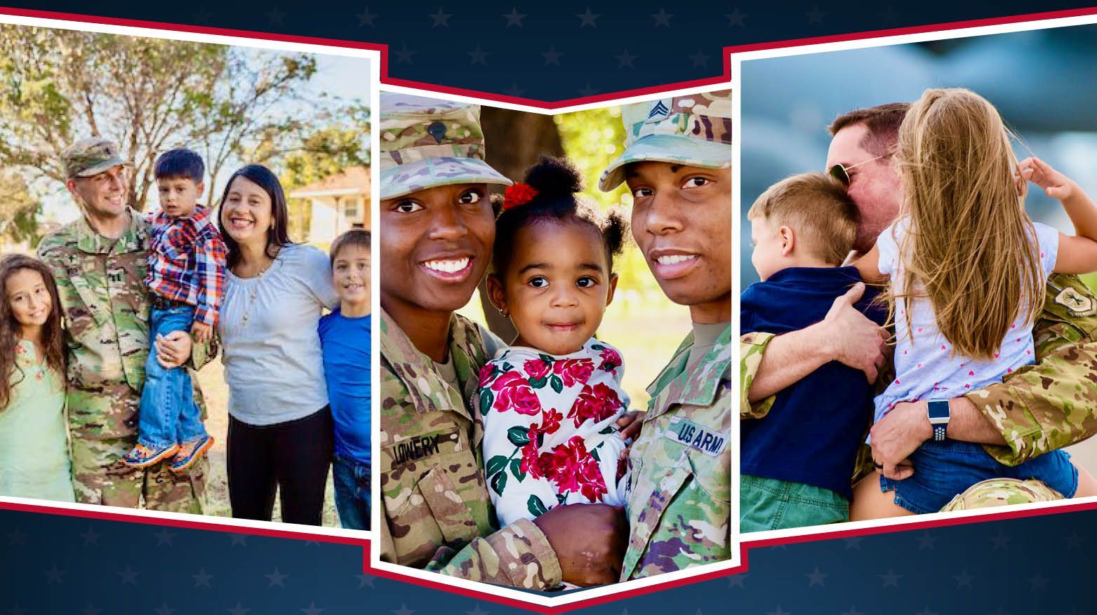 Three-panel family portrait with  veteran parents and children in military uniforms, smiling outdoors, military families, dependents 