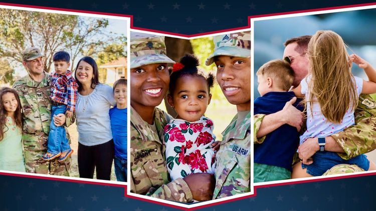 Three-panel family portrait with parents and children in military uniforms, smiling outdoors