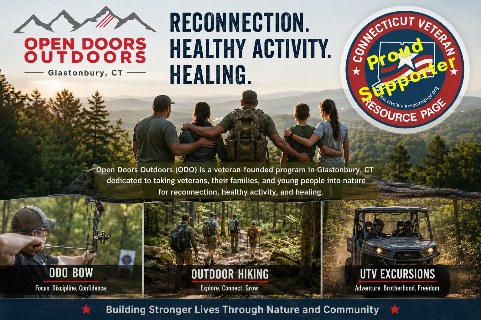 Open Doors Outdoors flyer with hikers, trees, and activity options: bow, biking, excursions