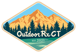 A logo for outdoor rx ct with mountains and trees