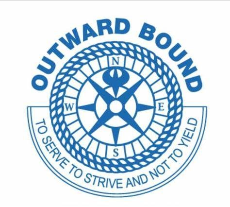 A blue logo that says outward bound to serve to strive and not to yield