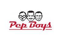 The logo for pep boys has three men 's faces on it.