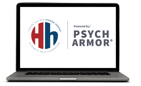 A laptop with a logo for psych armor on the screen