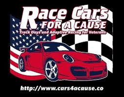 The logo for race cars for a cause is a red sports car with an american flag in the background.