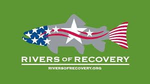 The logo for rivers of recovery is a fish with an american flag on its tail.