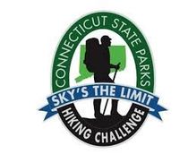 Connecticut State Parks Sky's the Limit Hiking Challenge logo: Hiker silhouette in front of CT outline, within a green and blue emblem.