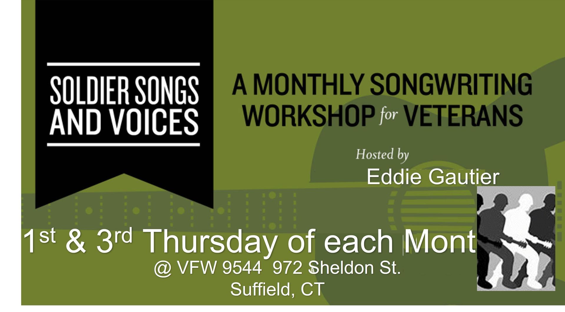 A poster for a monthly songwriting workshop for veterans