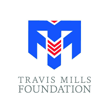 The travis mills foundation logo is blue and red with an arrow in the middle.