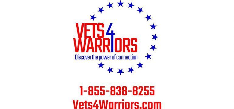 Vets4Warriors logo with red and blue text, stars in a circle, and phone number 1-855-838-8255