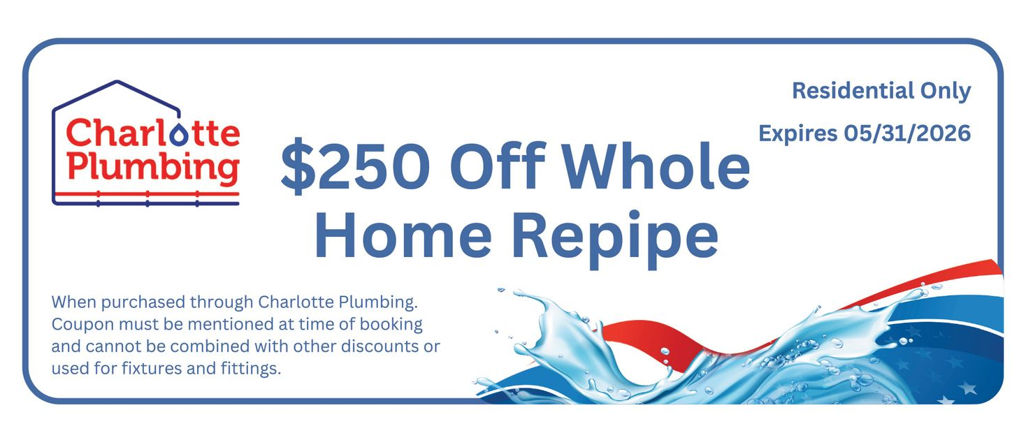 A coupon for $ 500 off whole home repipe from charlotte plumbing