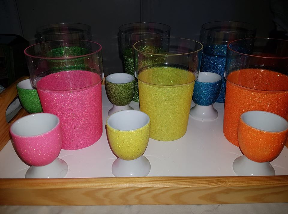 coloured glittered glasses and egg cups luton