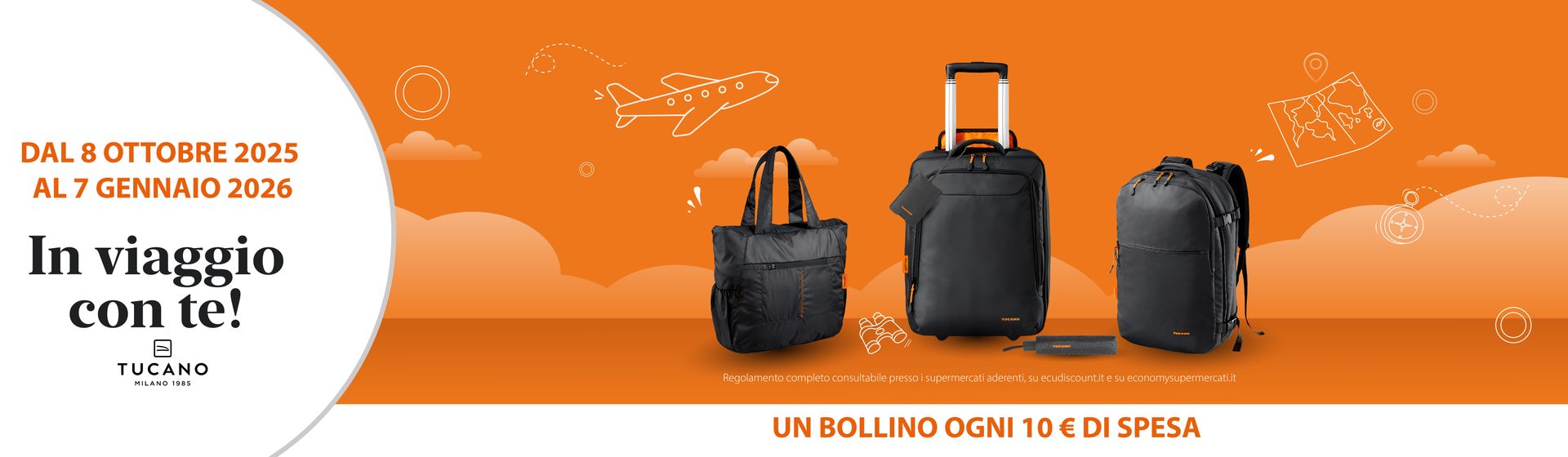 Banner pubblicitario arancione con borse da viaggio nere. Testo: