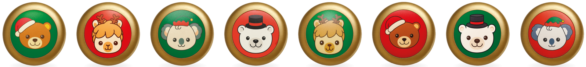 Otto spille circolari a tema natalizio con facce di animali dei cartoni animati e bordi color oro.