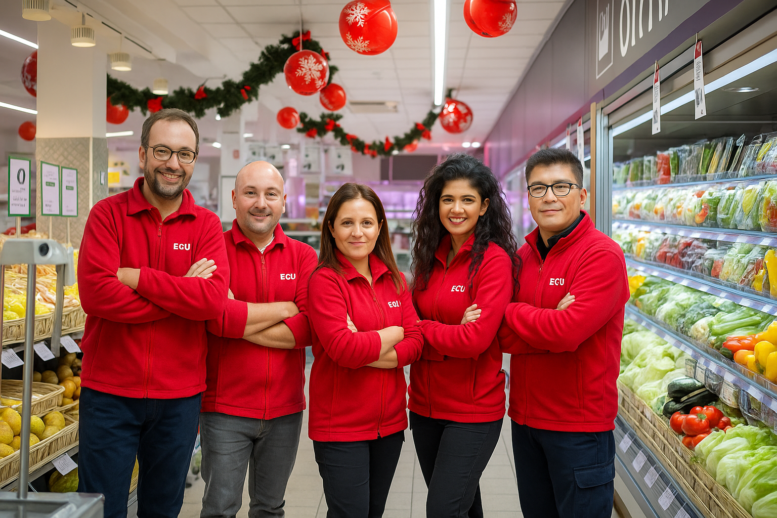 Un gruppo di persone con giacche rosse posa per una foto nel supermercato ECU.
