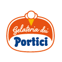 Logo per la Gelateria dei Portici: ovale arancione con interno bianco, grafica di un cono gelato e testo in corsivo.