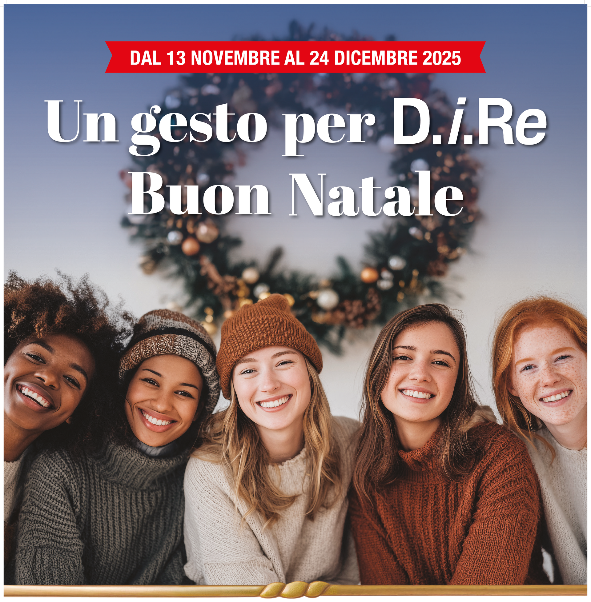 Gruppo di donne sorridenti, sullo sfondo una ghirlanda natalizia, il testo: 