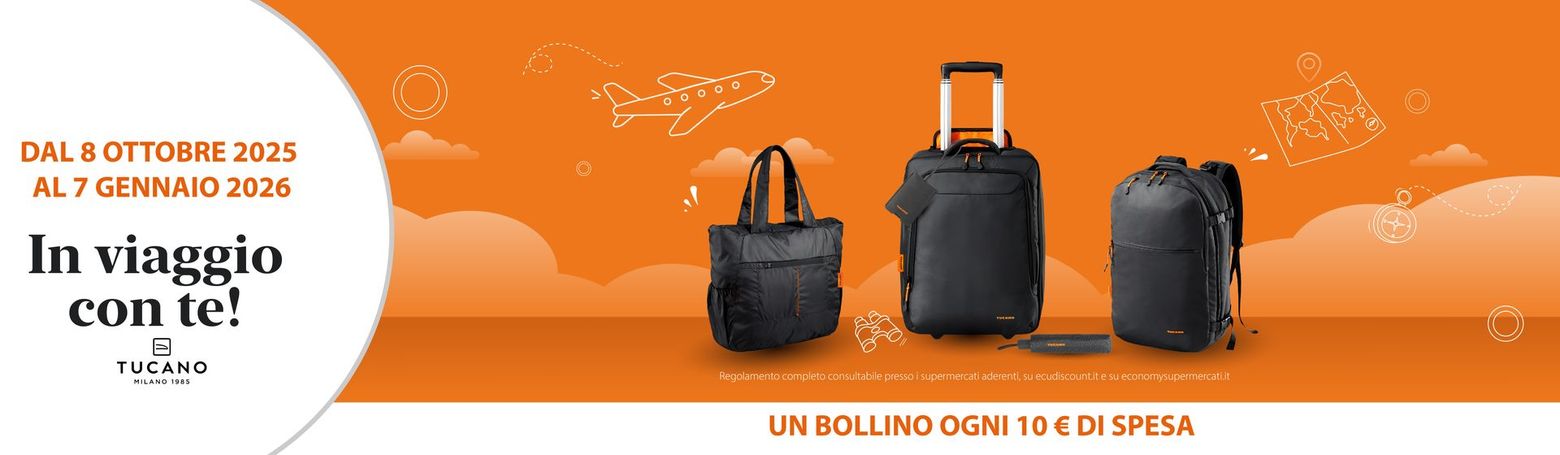 Premio valigie e borse nere. Sfondo arancione con la scritta 