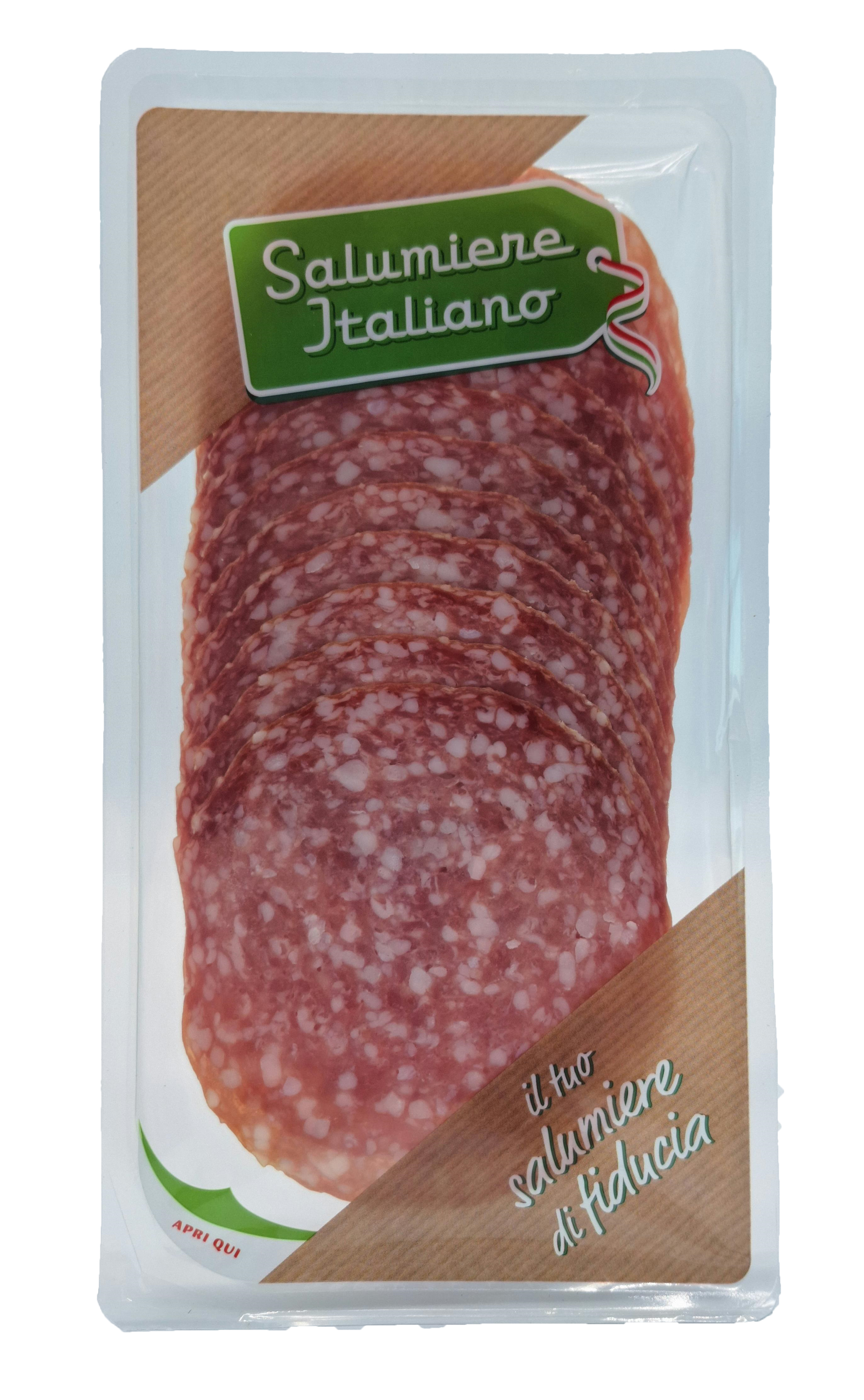 Confezione di salame italiano affettato, confezione marrone e bianca, etichetta verde.