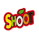 Logo per Shoot Candy con lettere colorate e una foglia in cima.