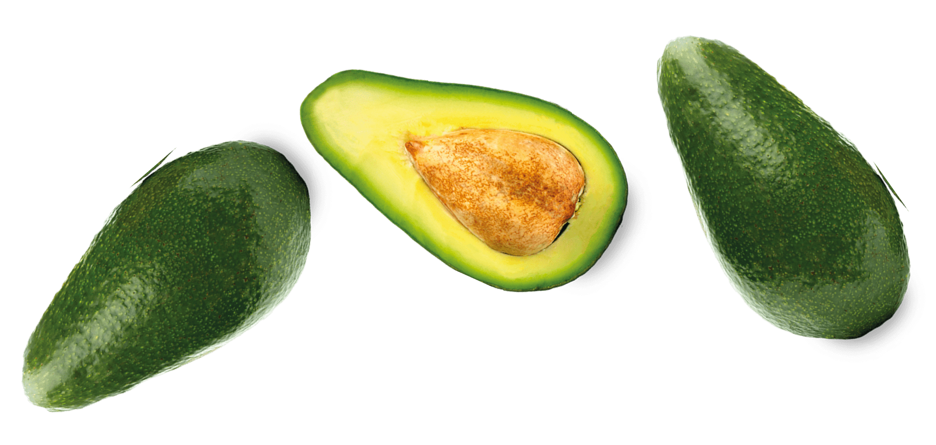 Tre avocado sono posizionati uno accanto all'altro su uno sfondo bianco.
