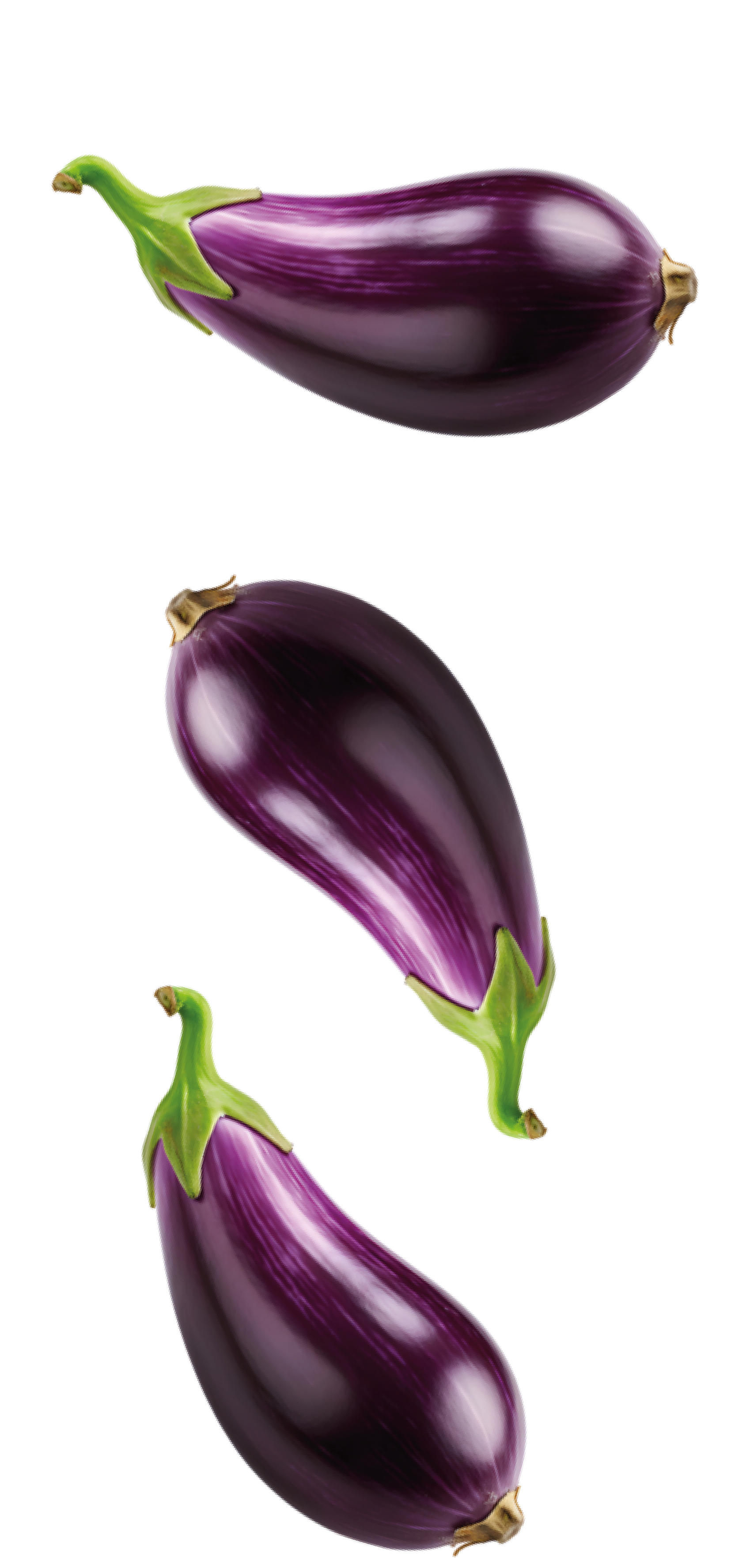 Tre melanzane viola fluttuano nell'aria su uno sfondo bianco.