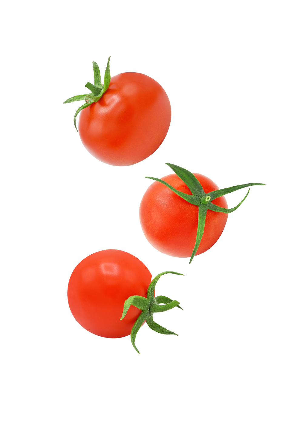 Tre pomodori fluttuano nell'aria su uno sfondo bianco.